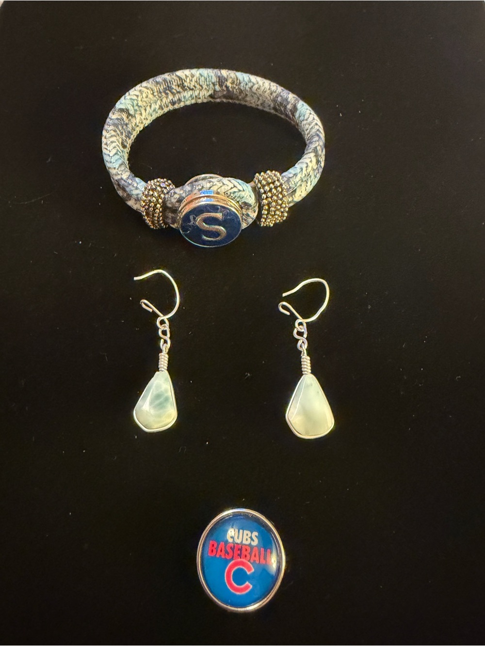 Charm Bracelet with Blue 'S' Charm and Cubs Baseball Charm with earrings
